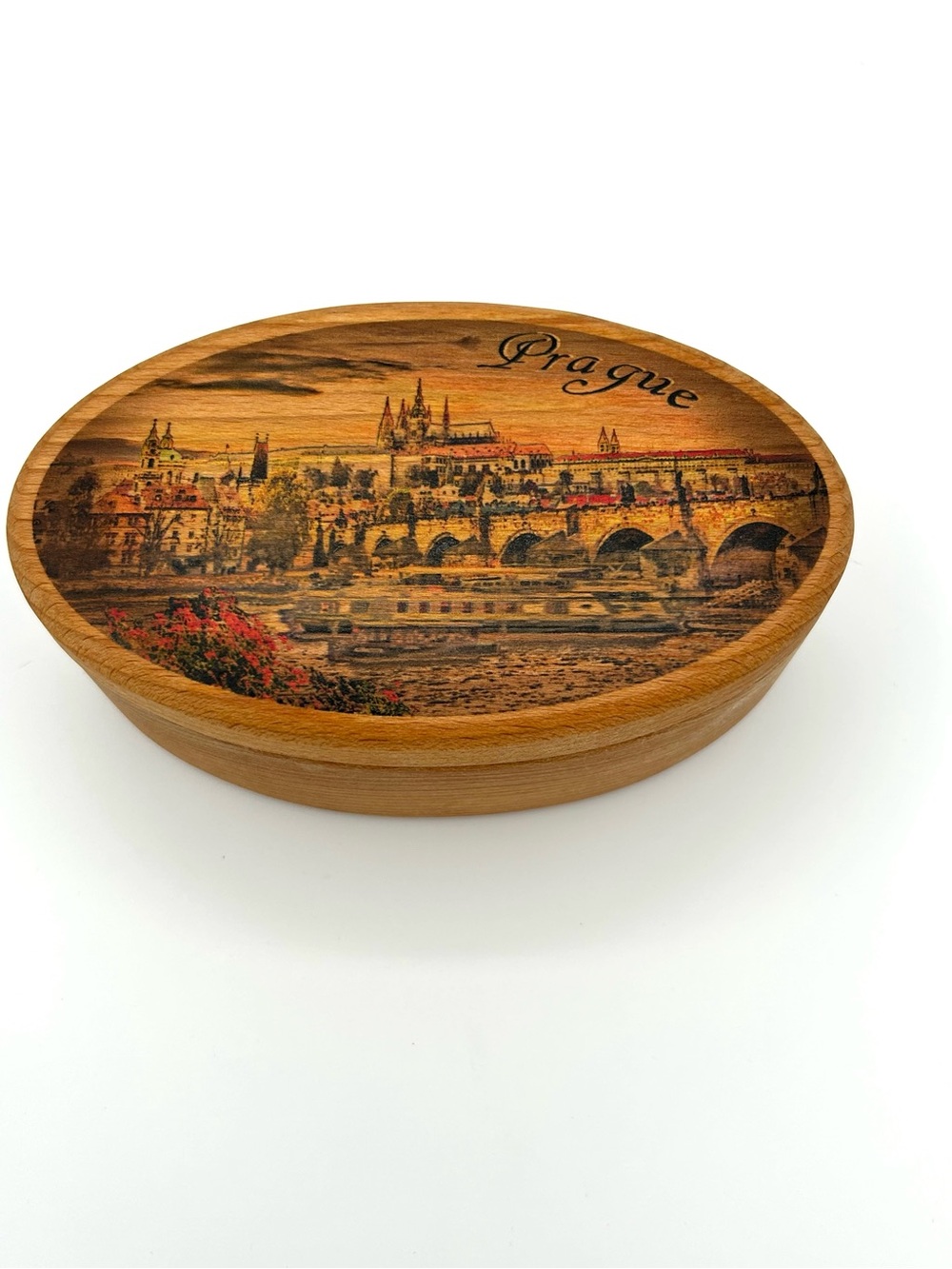 Wood Carved Trinket Jewelry Box Prague Czechia Czech Republic Oval Souvenier